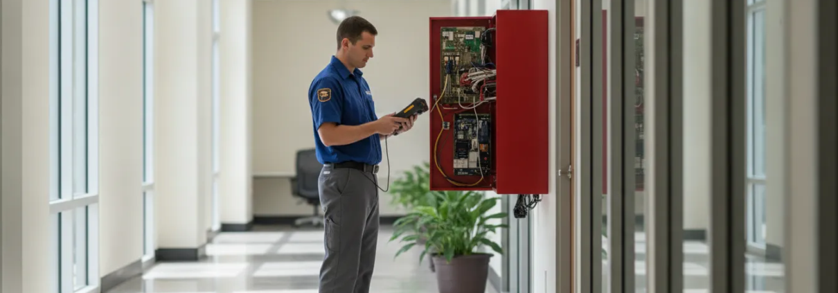 Technician checking fire alarm equipment in a Douglasville commercial building