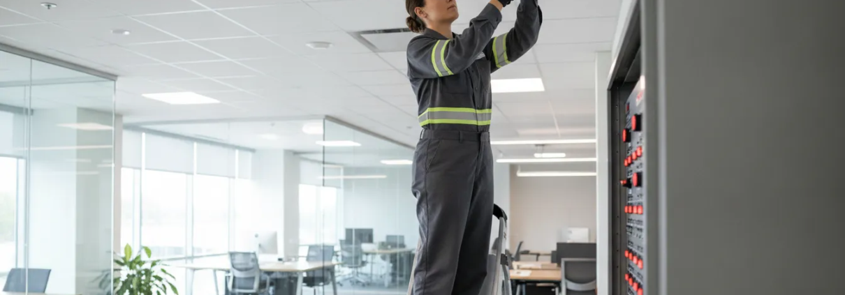 Fire alarm technician inspecting a commercial alarm system in a Sandy Springs office