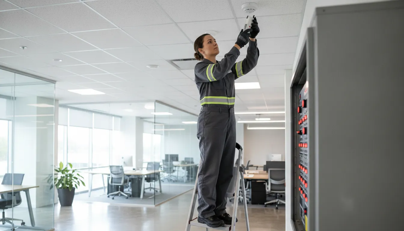 Fire alarm technician inspecting a commercial alarm system in a Sandy Springs office