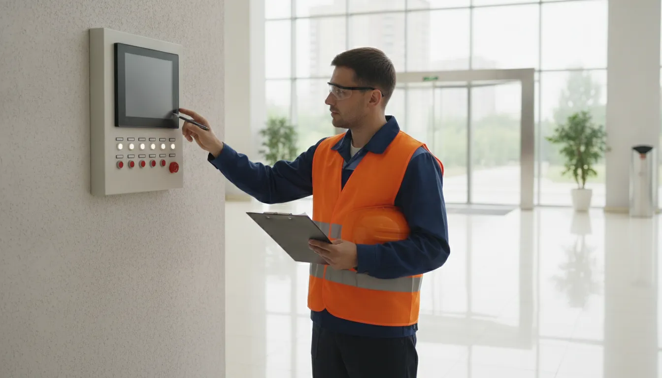 Fire protection technician inspecting a commercial fire alarm control panel in Smyrna, Georgia