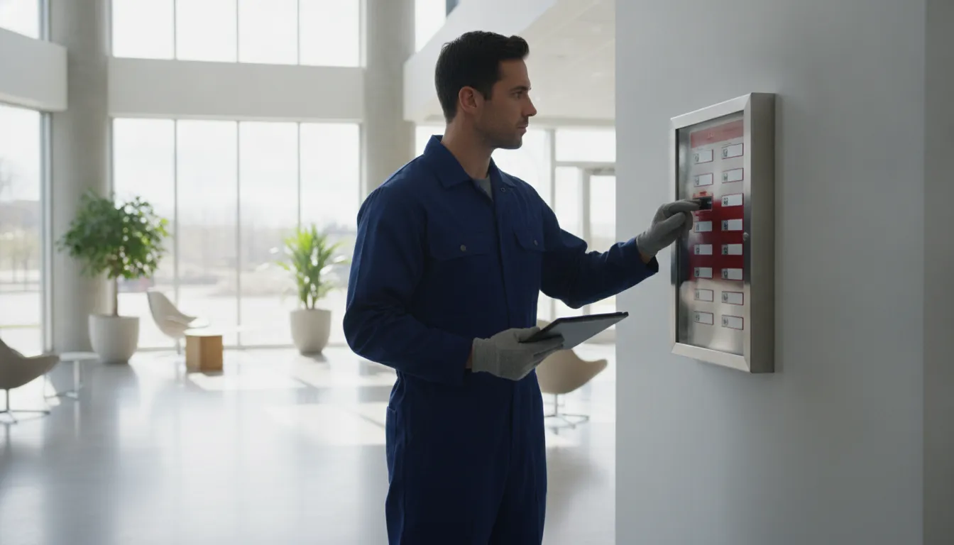 Fire alarm system technician servicing a commercial fire alarm control panel in Tucker.