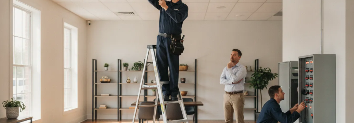 Technician inspecting a fire alarm system Woodstock businesses use