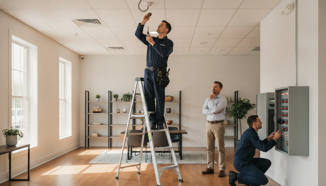 Technician inspecting a fire alarm system Woodstock businesses use