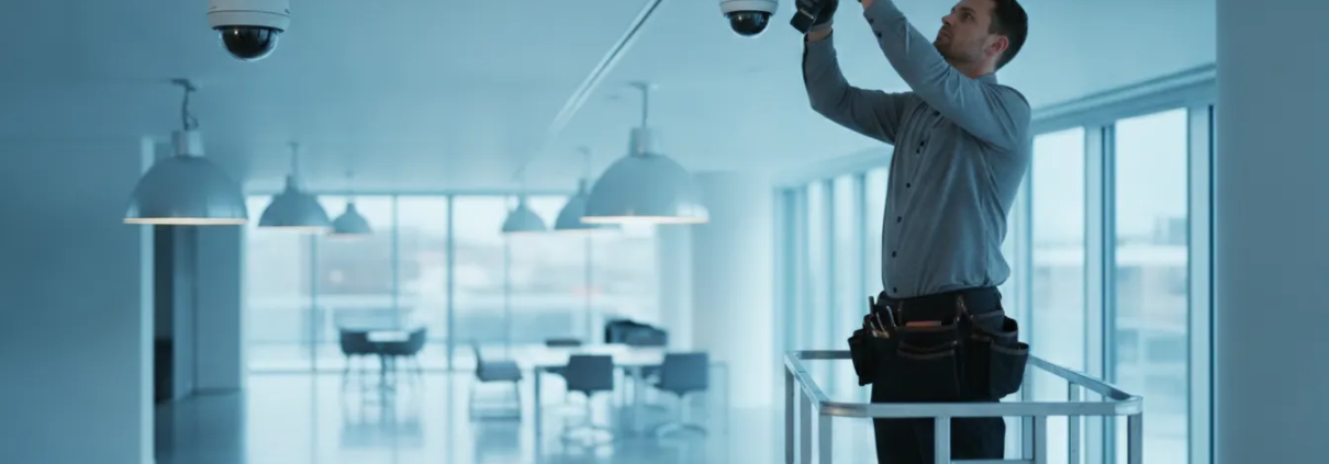Professional technician installing a commercial IP surveillance camera in a modern Atlanta business space