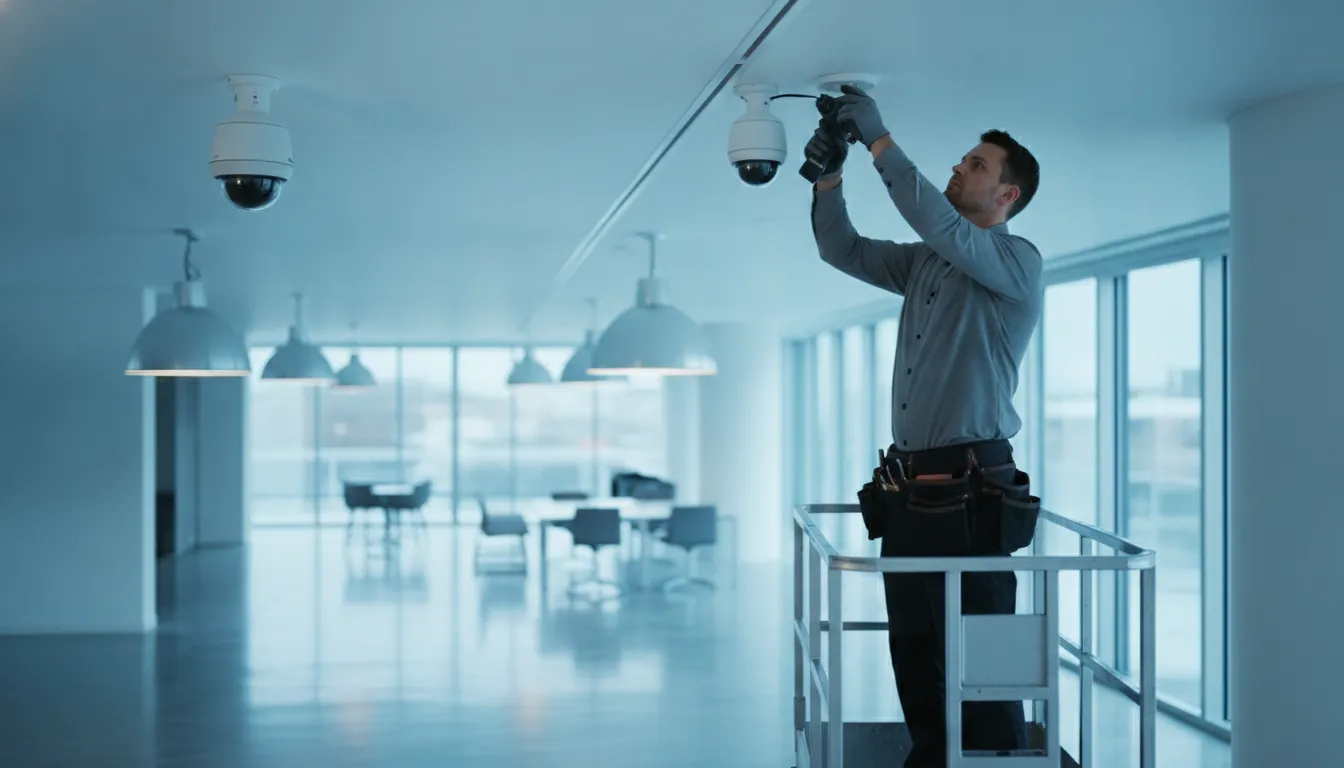 Professional technician installing a commercial IP surveillance camera in a modern Atlanta business space