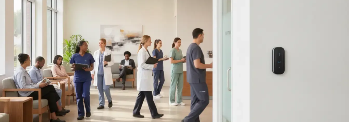 Access control reader at a staff entrance in an Atlanta medical office