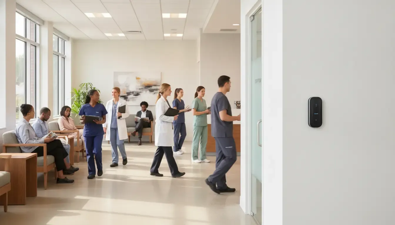 Access control reader at a staff entrance in an Atlanta medical office