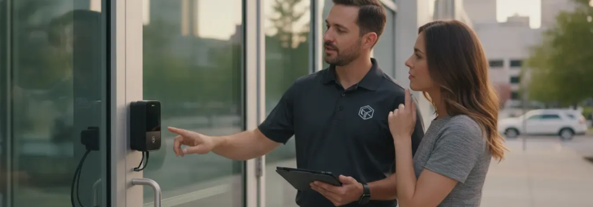 Atlanta access control installer consulting with a business owner at a commercial entrance