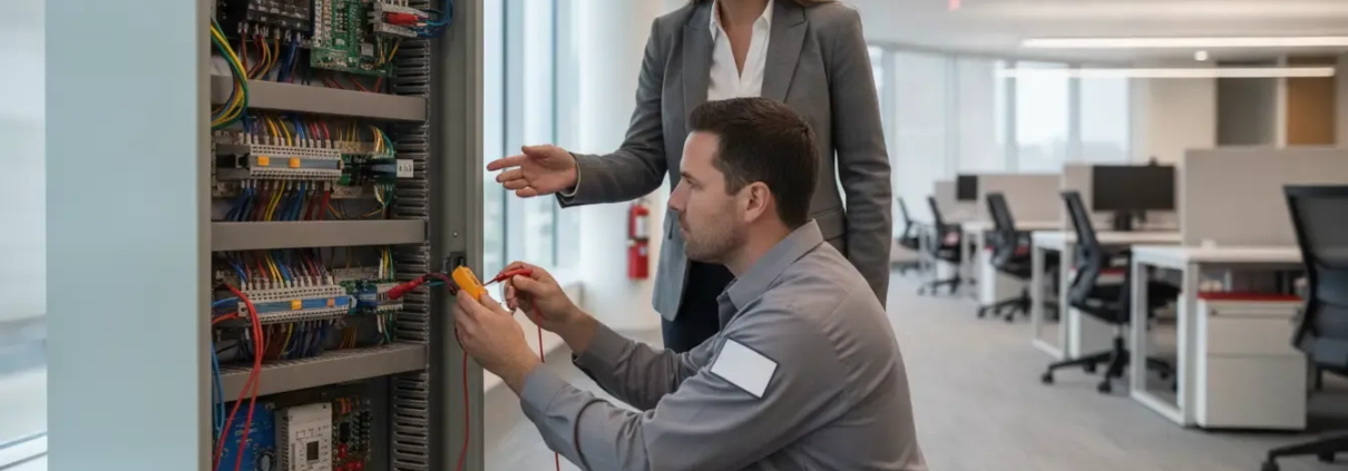 Technician inspecting a commercial fire alarm control panel in an Atlanta office
