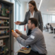 Technician inspecting a commercial fire alarm control panel in an Atlanta office