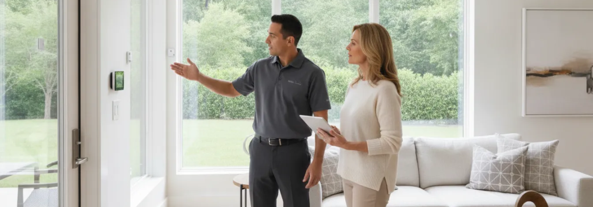Technician consulting with a homeowner about wireless alarm installation