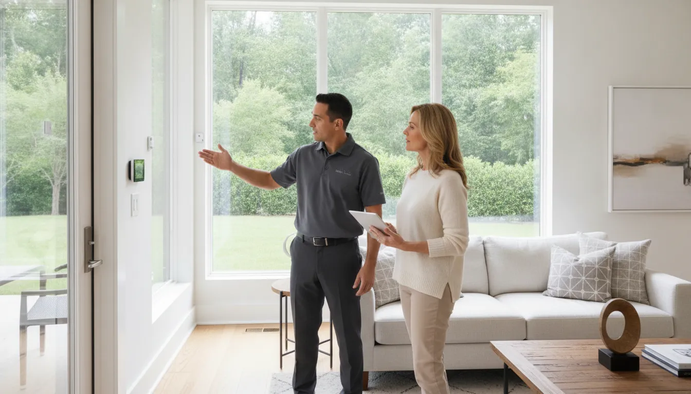 Technician consulting with a homeowner about wireless alarm installation