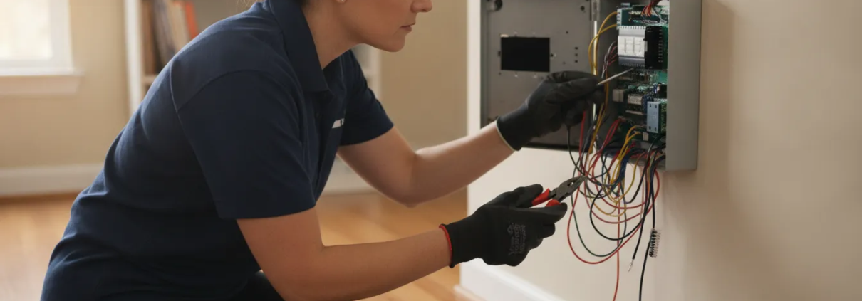 Alarm technician inspecting a security system control panel