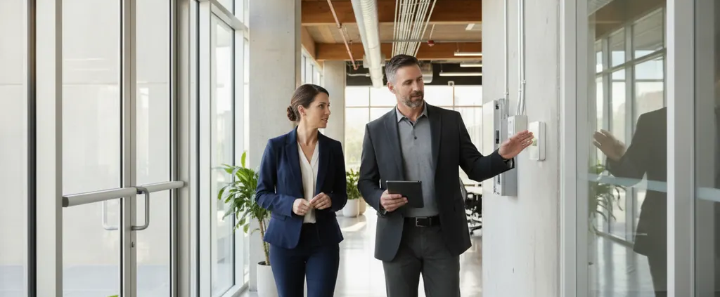 Security professional and facilities manager reviewing a commercial security system design