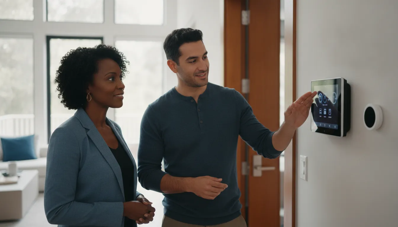 Atlanta homeowner reviewing an integrated alarm system with a security technician