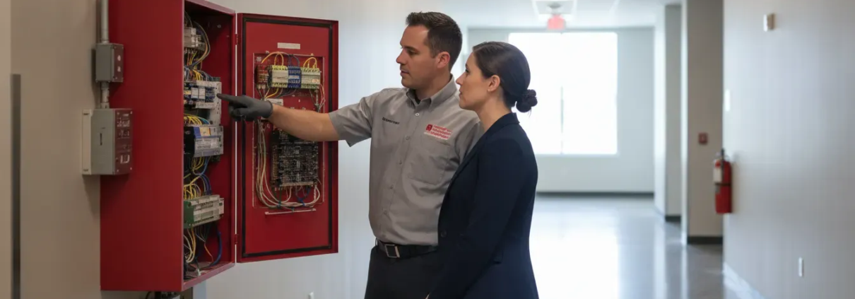 Fire alarm technician reviewing a commercial fire alarm panel with an Atlanta business manager