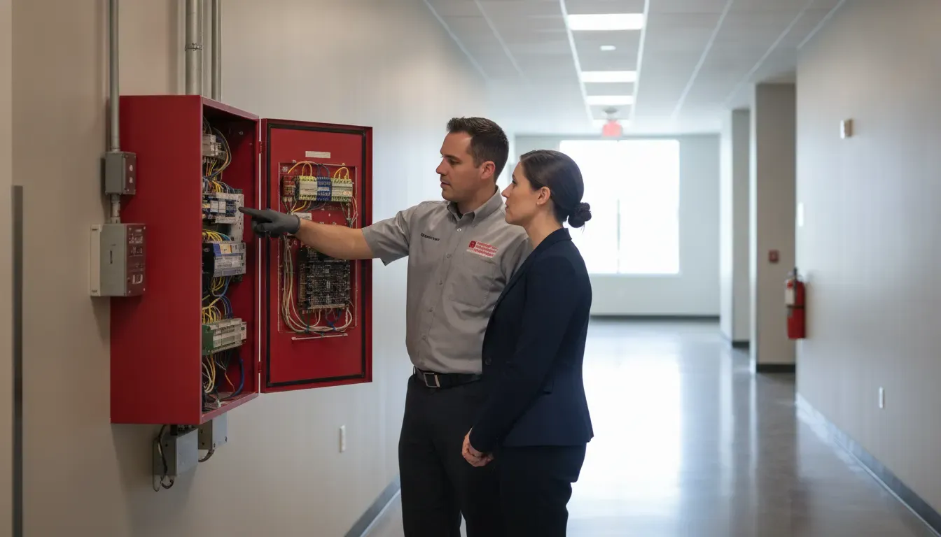 Fire alarm technician reviewing a commercial fire alarm panel with an Atlanta business manager