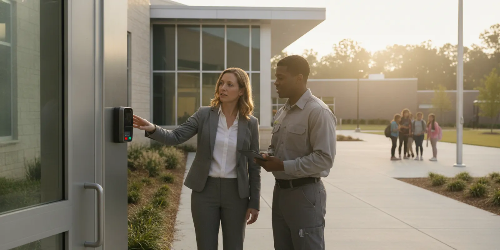 School staff reviewing controlled entry hardware at a campus entrance
