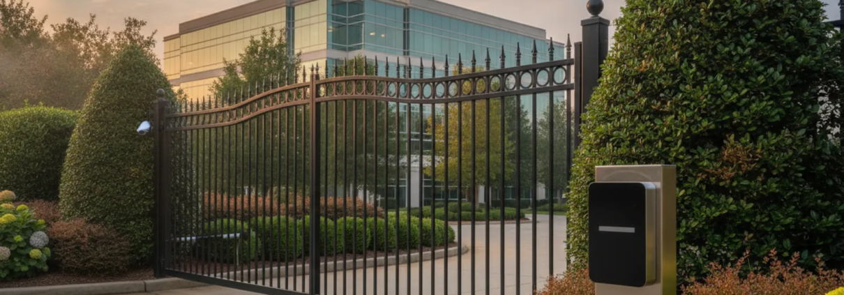 Commercial property entry gate with an access control reader beside the drive lane