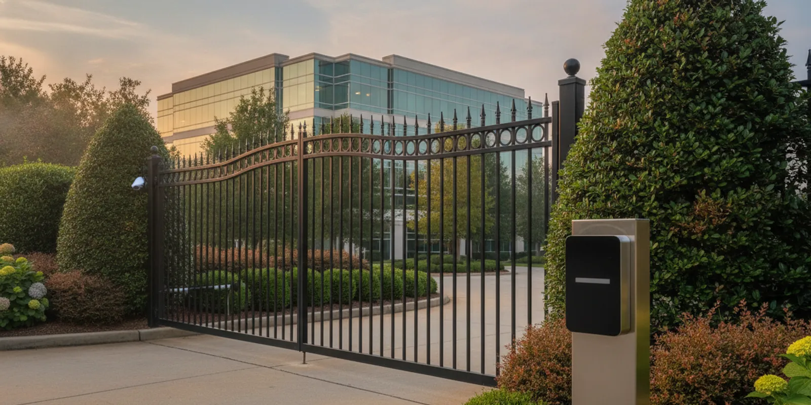 Commercial property entry gate with an access control reader beside the drive lane