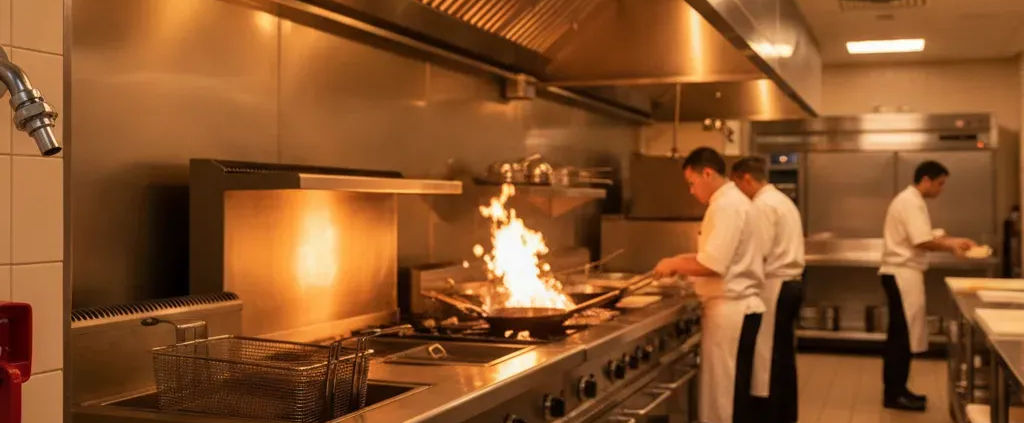 A professional commercial restaurant kitchen with a Type I exhaust hood above a cooking line, representing fire safety and suppression infrastructure in an Atlanta restaurant