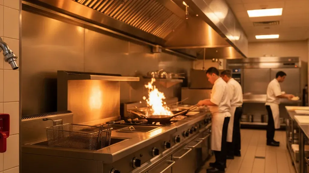 A professional commercial restaurant kitchen with a Type I exhaust hood above a cooking line, representing fire safety and suppression infrastructure in an Atlanta restaurant