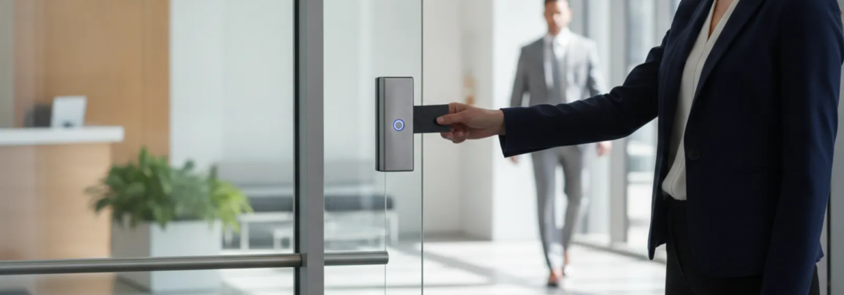Employee using an access reader at an Atlanta business entrance