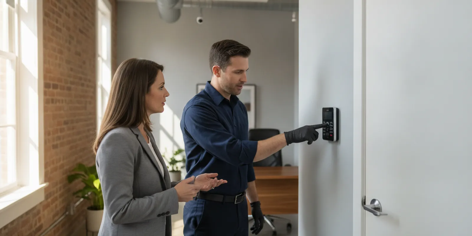 Technician reviewing an alarm keypad and sensor placement inside an Atlanta business