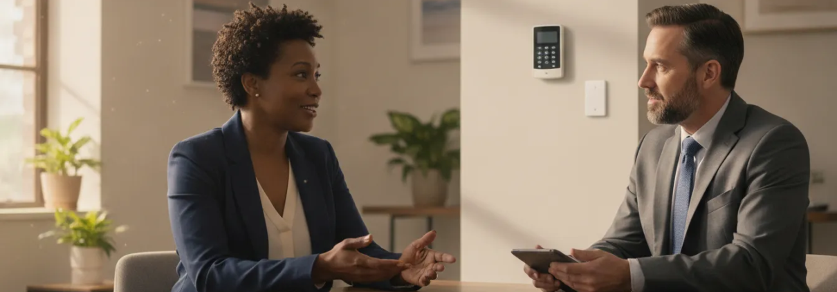 Atlanta business owner reviewing commercial alarm monitoring options with a security professional