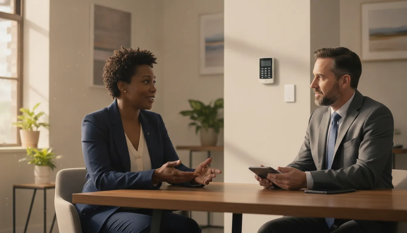 Atlanta business owner reviewing commercial alarm monitoring options with a security professional