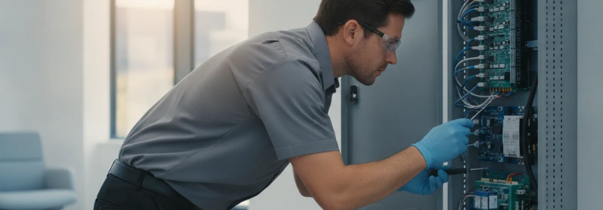 Technician inspecting a commercial alarm control panel at an Atlanta business