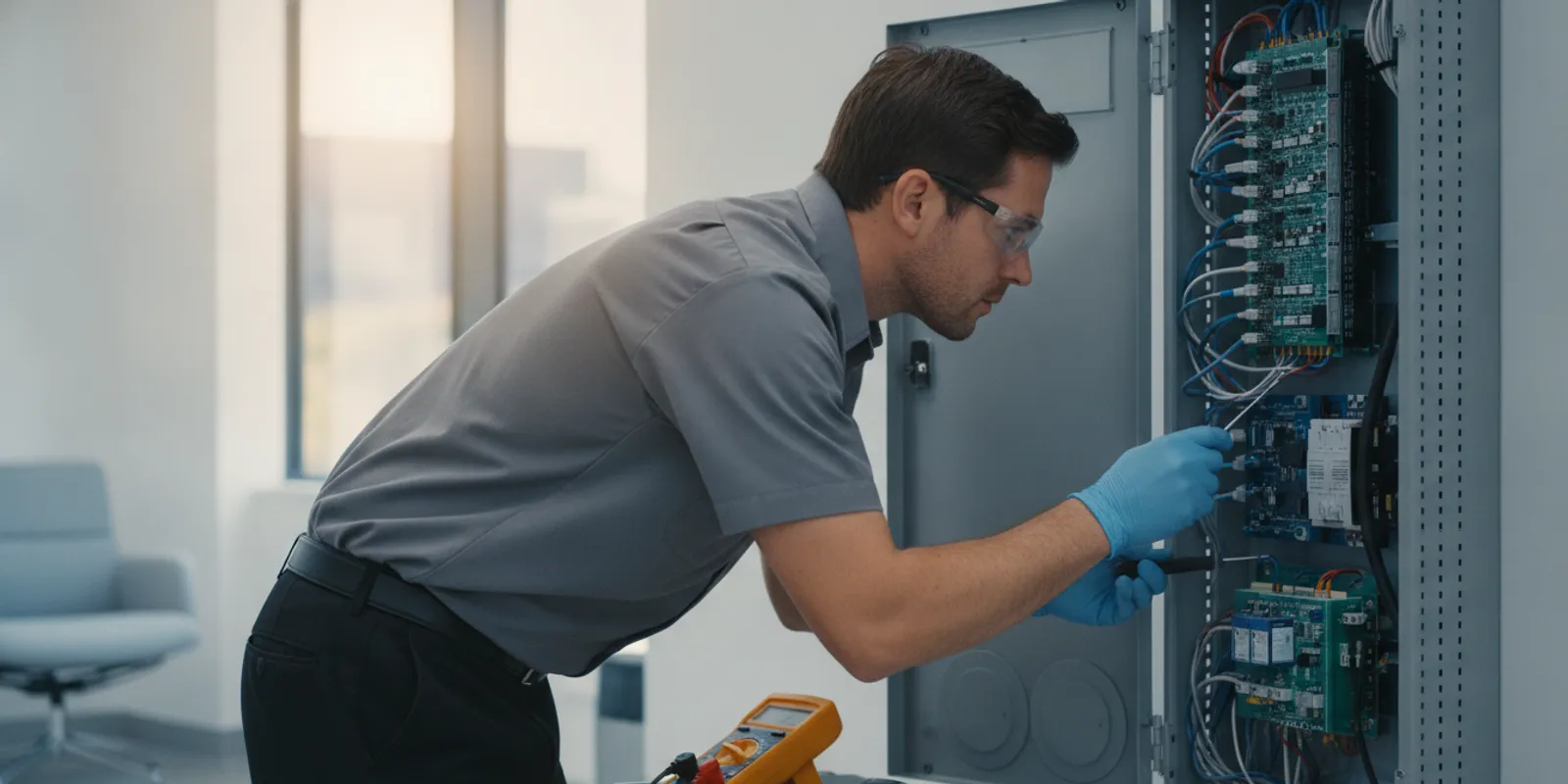 Technician inspecting a commercial alarm control panel at an Atlanta business