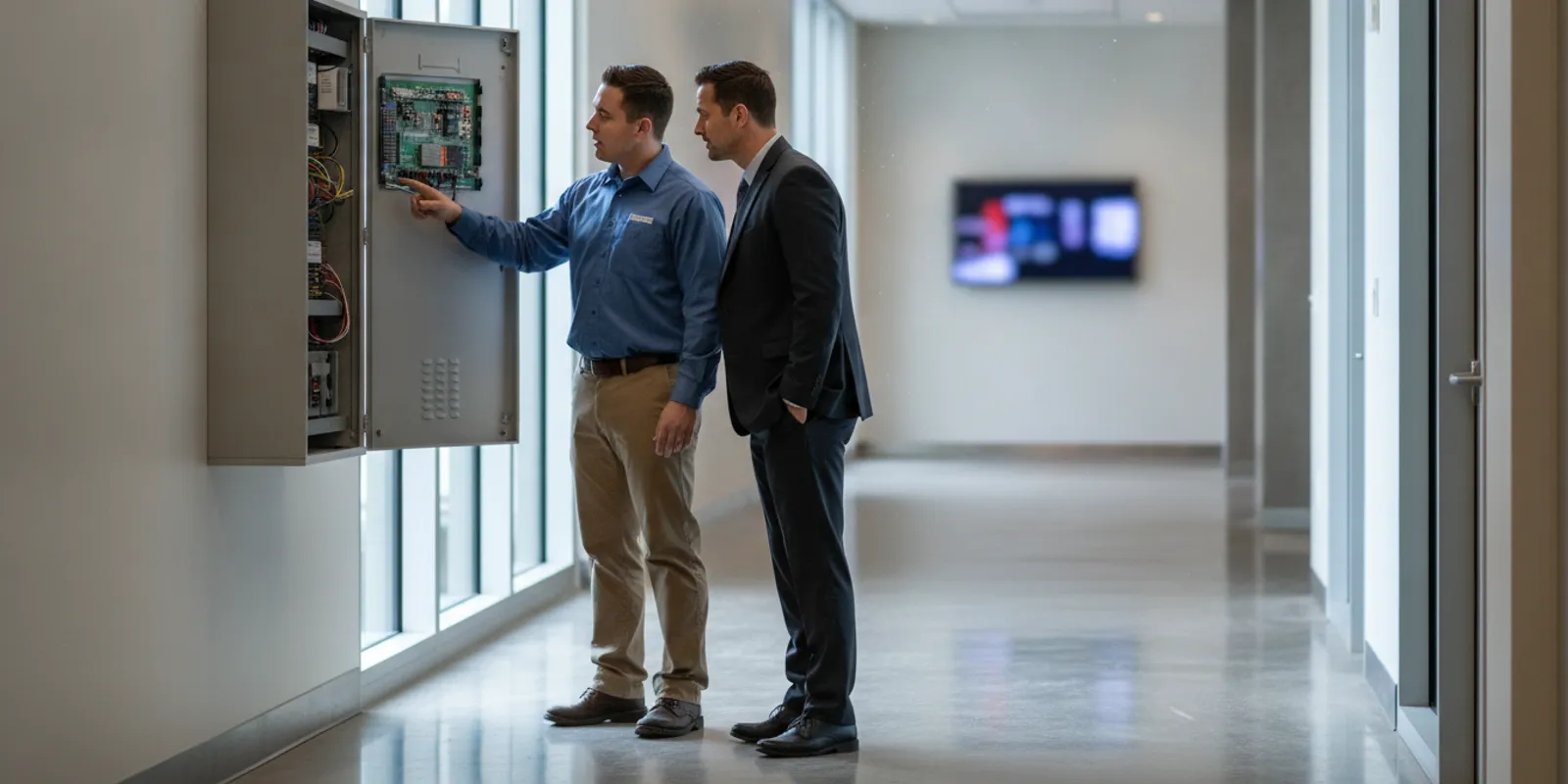 Technician reviewing a commercial fire alarm control panel in an Atlanta business