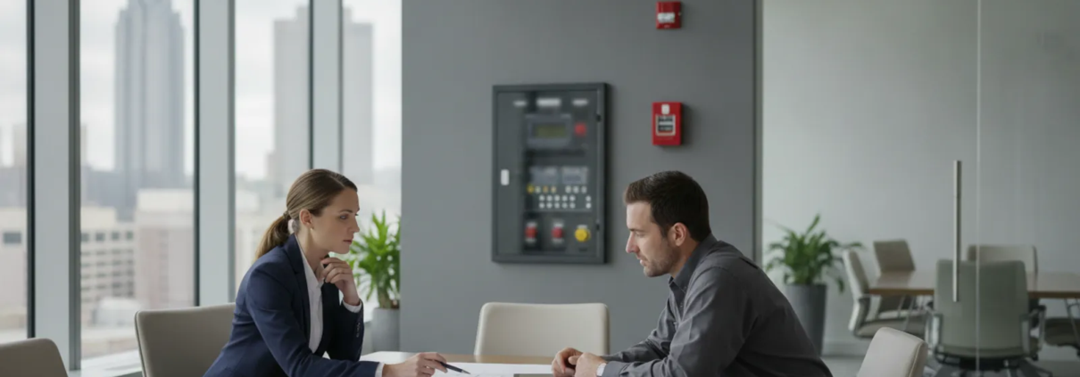 Commercial building owner reviewing fire alarm plans with a technician at a table