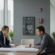 Commercial building owner reviewing fire alarm plans with a technician at a table