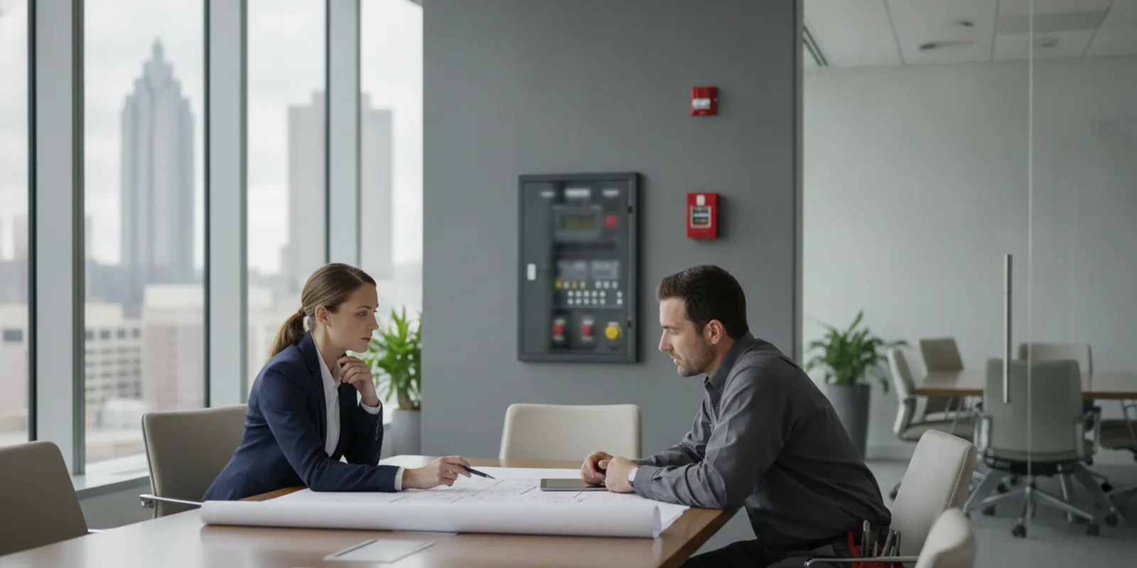 Commercial building owner reviewing fire alarm plans with a technician at a table