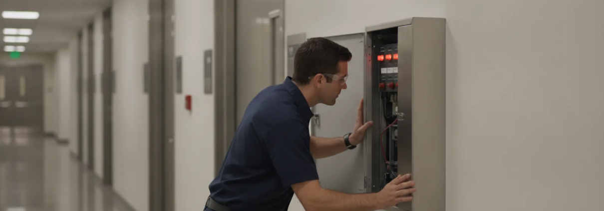 Fire alarm control panel and wall-mounted notification device in a commercial corridor
