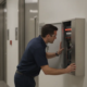 Fire alarm control panel and wall-mounted notification device in a commercial corridor