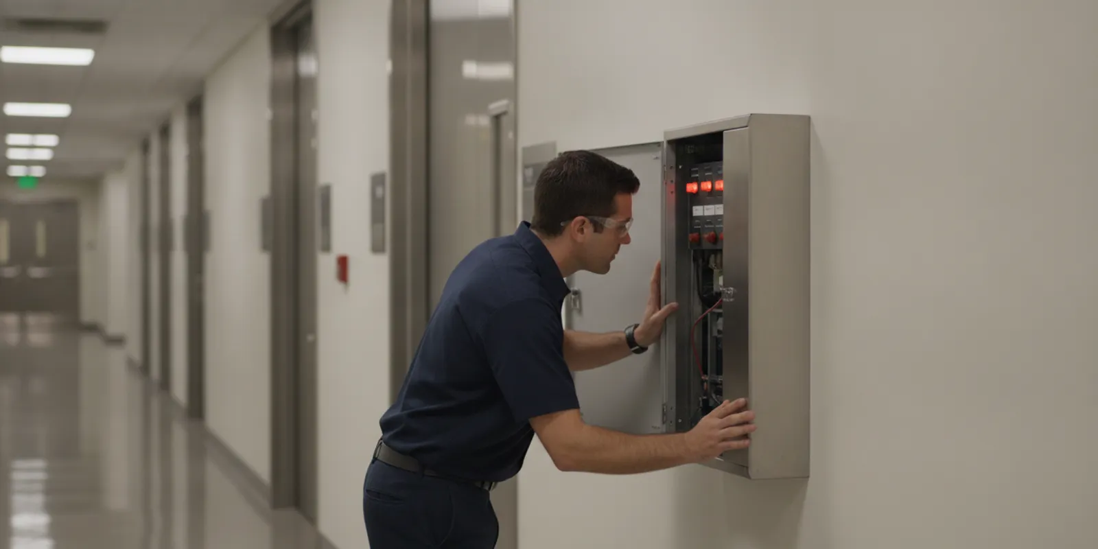 Fire alarm control panel and wall-mounted notification device in a commercial corridor
