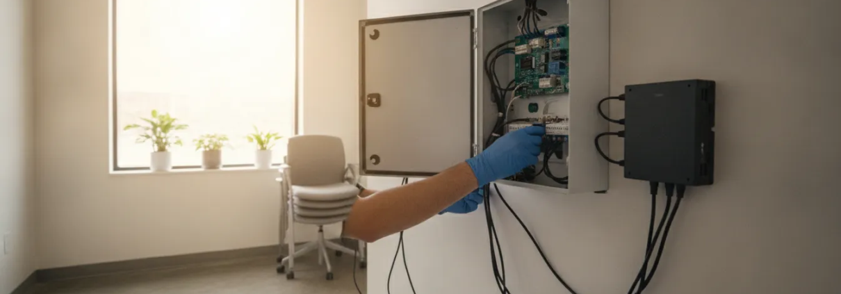 Technician working inside a commercial alarm panel with a second communication device mounted beside it