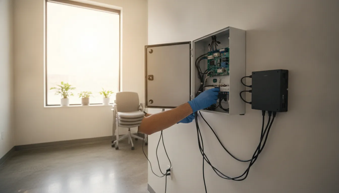 Technician working inside a commercial alarm panel with a second communication device mounted beside it