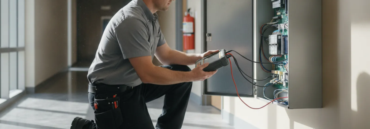 Fire alarm technician inspecting a commercial building control panel