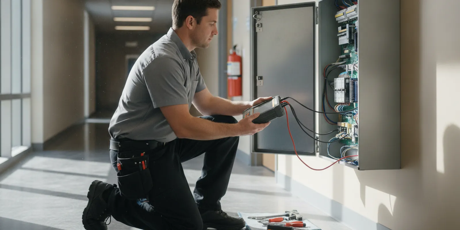 Fire alarm technician inspecting a commercial building control panel