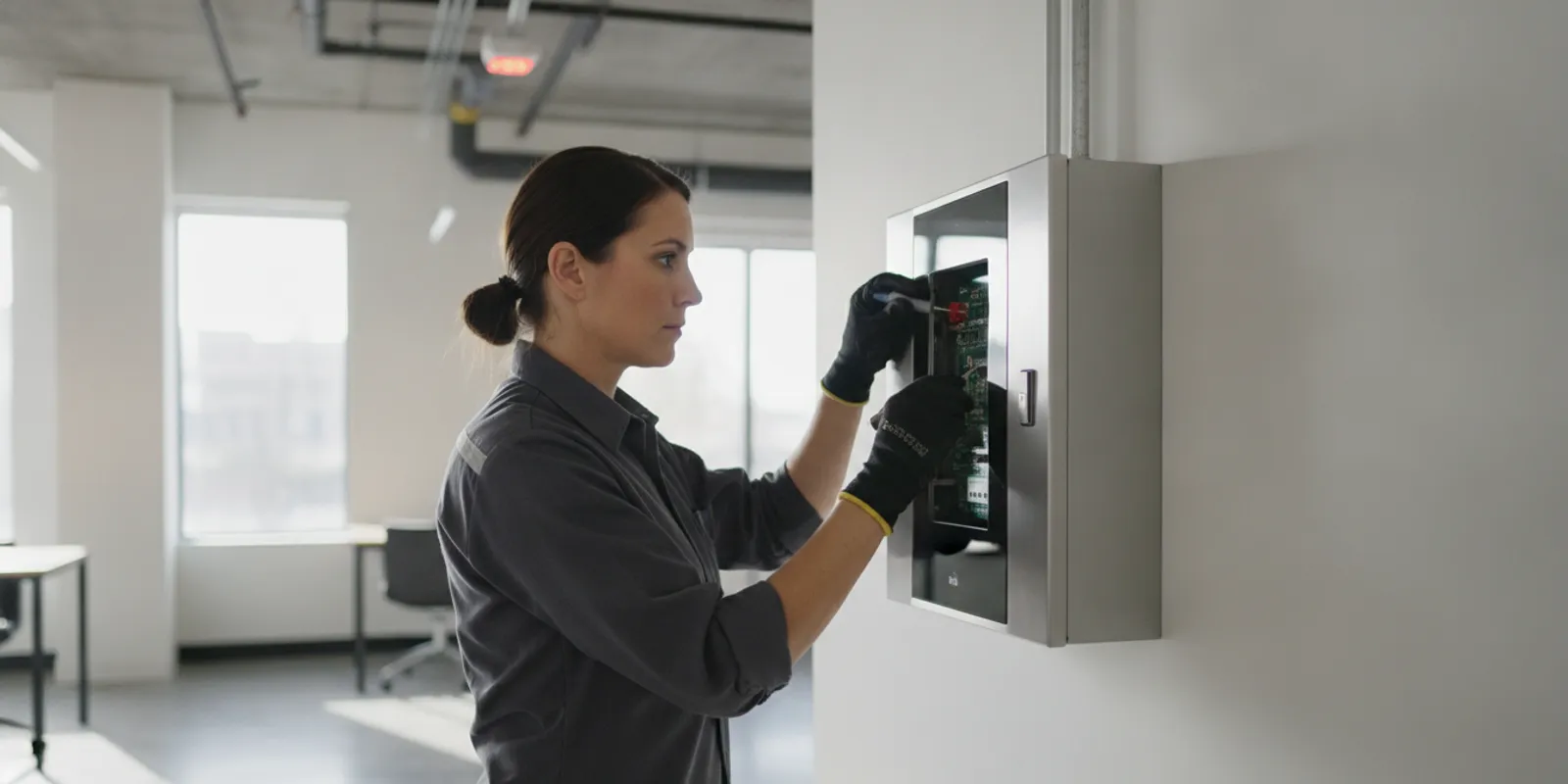 Fire alarm control panel and smoke detectors in a well-maintained Atlanta commercial facility