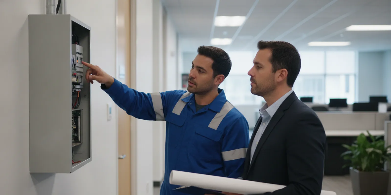 Fire alarm technician reviewing a commercial building fire alarm panel during a replacement planning visit