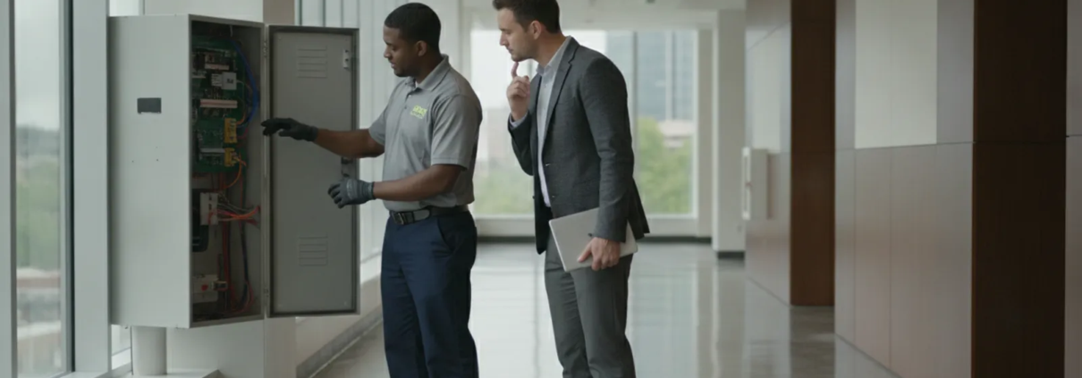 Technician reviewing a commercial fire alarm control panel with a facility manager