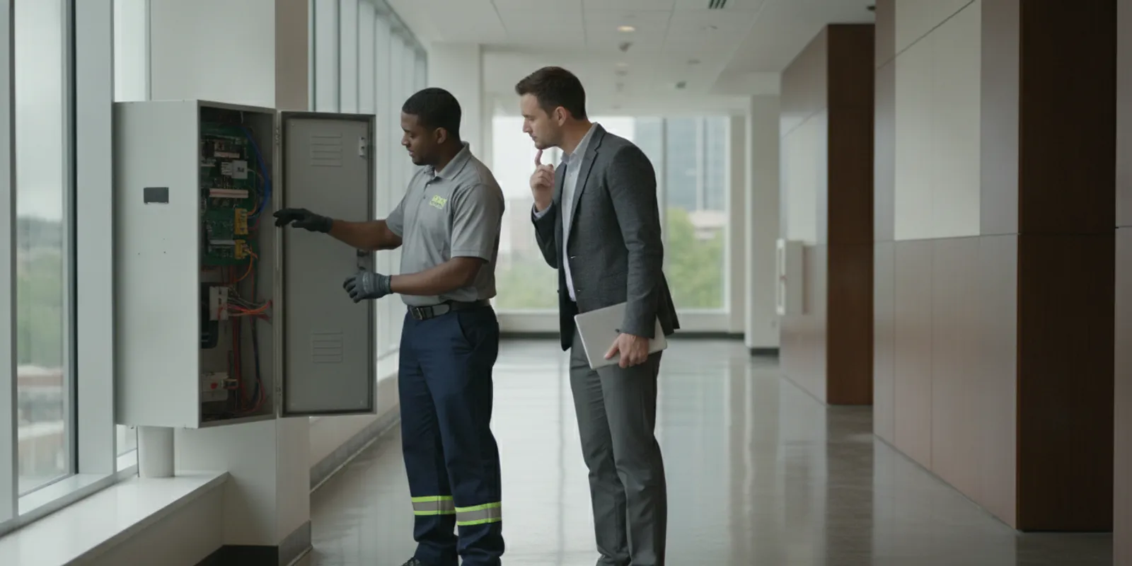 Technician reviewing a commercial fire alarm control panel with a facility manager