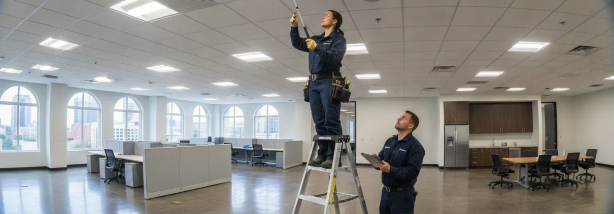 Fire safety specialist inspecting detectors in an Atlanta commercial building