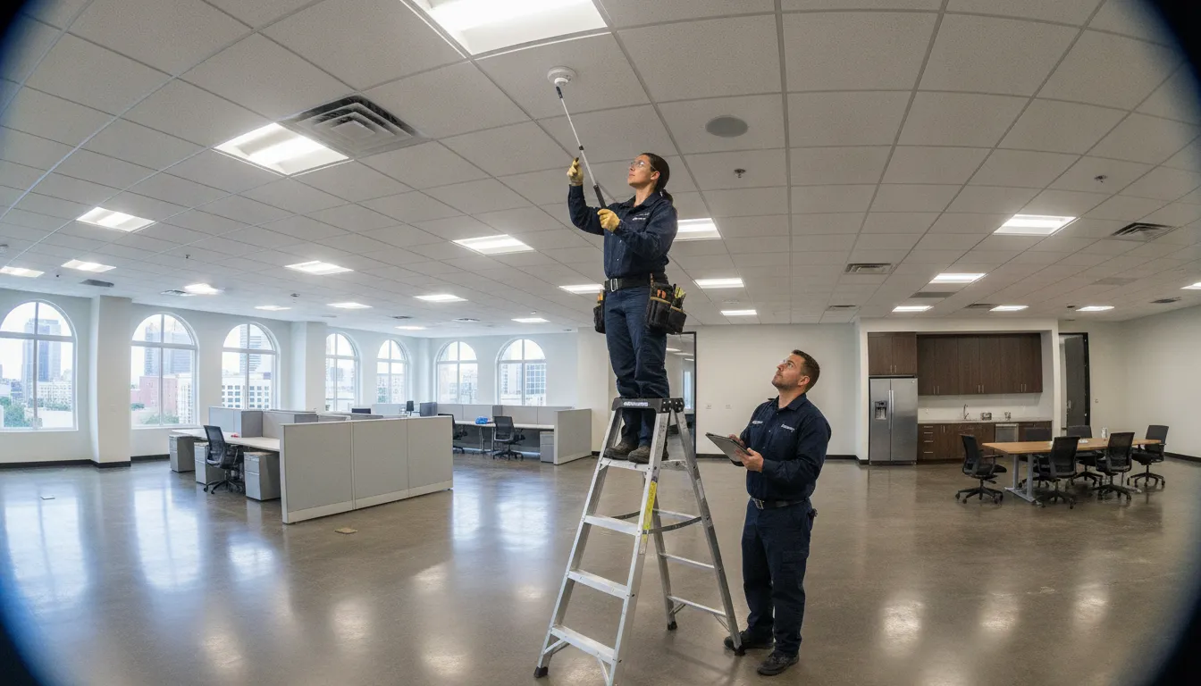 Fire safety specialist inspecting detectors in an Atlanta commercial building