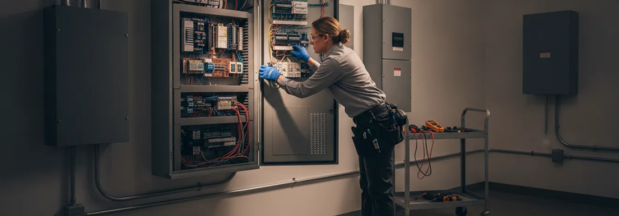 Technician inspecting a commercial fire alarm panel system